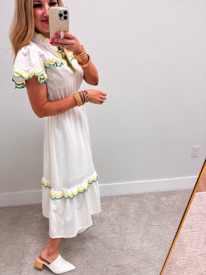 White Scalloped Trim Flutter Sleeve Midi Dress