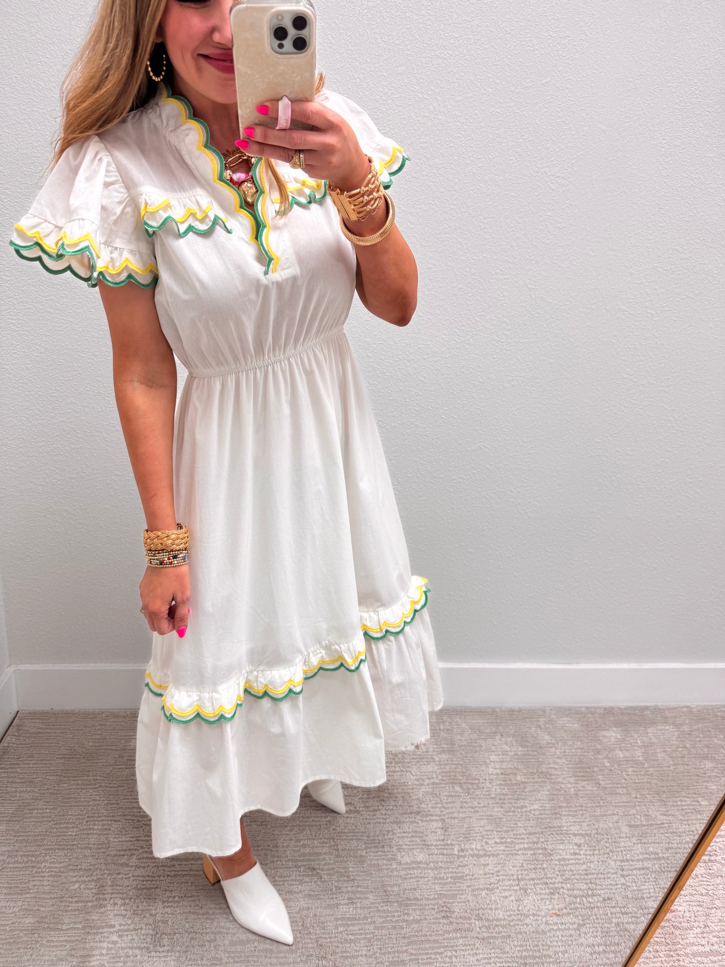White Scalloped Trim Flutter Sleeve Midi Dress