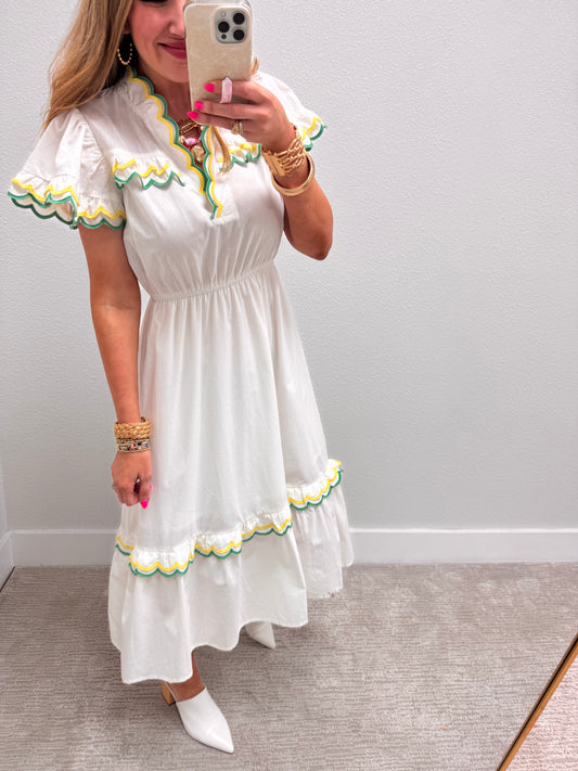 White Scalloped Trim Flutter Sleeve Midi Dress