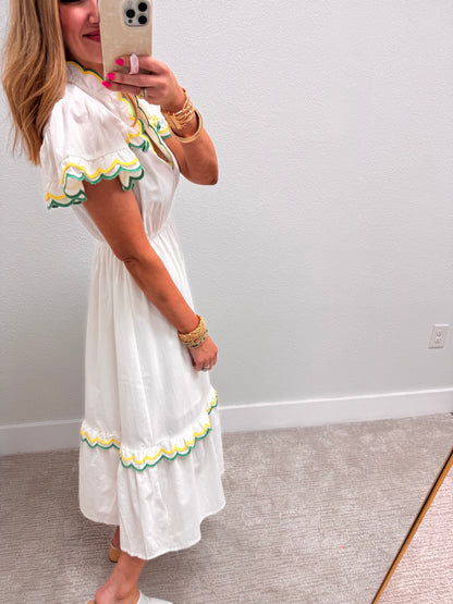White Scalloped Trim Flutter Sleeve Midi Dress