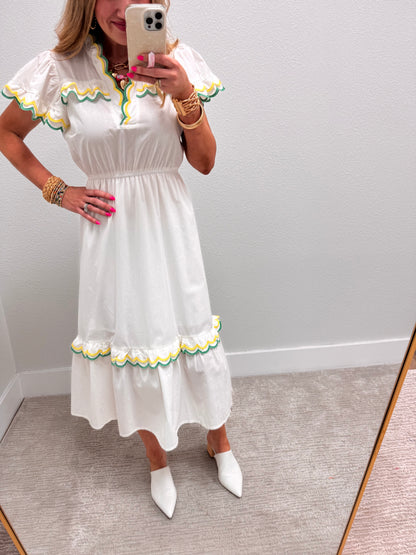 White Scalloped Trim Flutter Sleeve Midi Dress