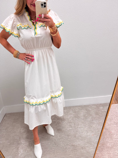 White Scalloped Trim Flutter Sleeve Midi Dress