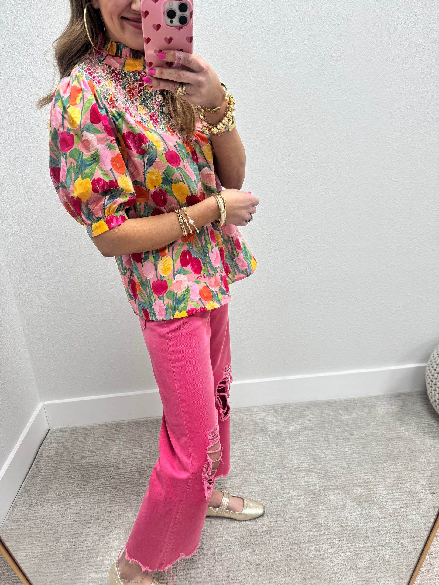 Tulip Print Smocked Top Short Sleeve FS