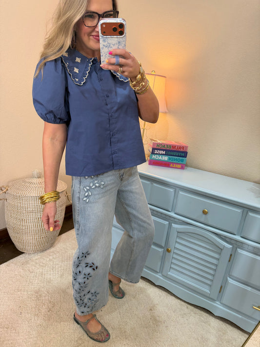 Navy Blue Puff Sleeve Embroidery Peter Pan Collar Poplin Blouse