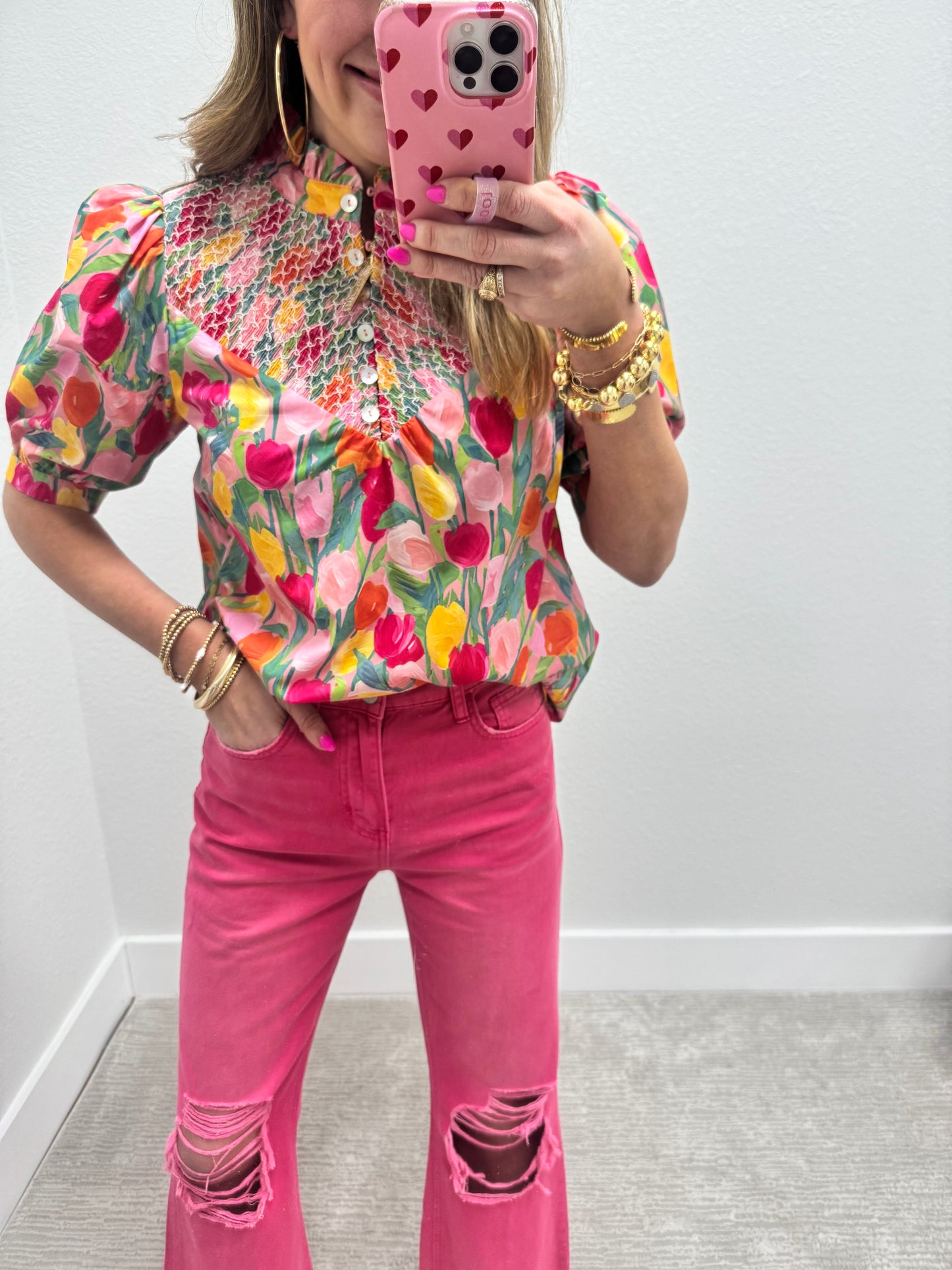 Tulip Print Smocked Top Short Sleeve FS