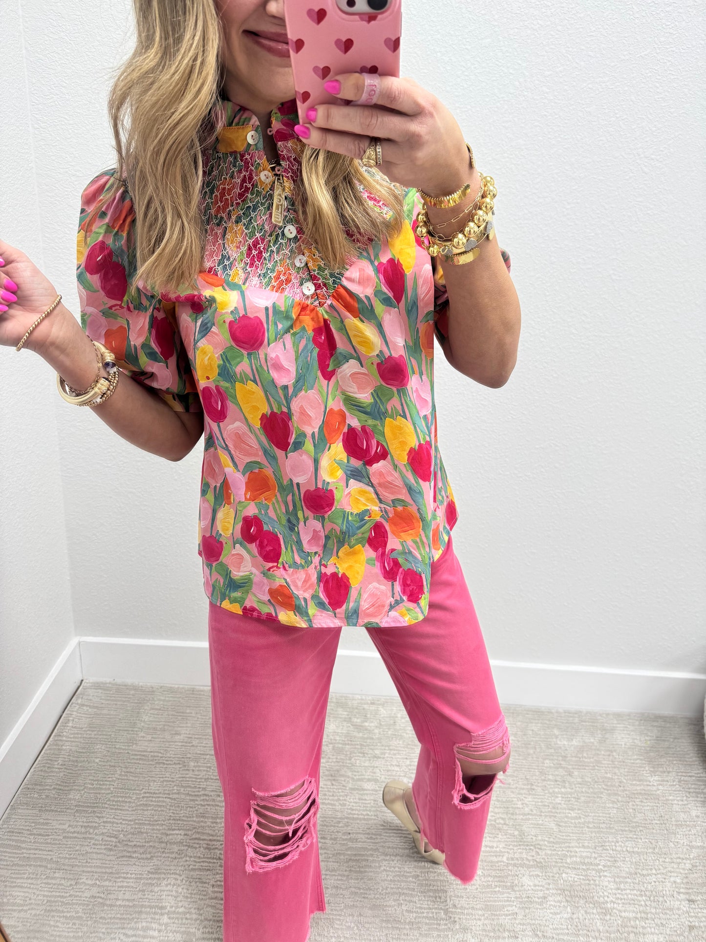 Tulip Print Smocked Top Short Sleeve FS