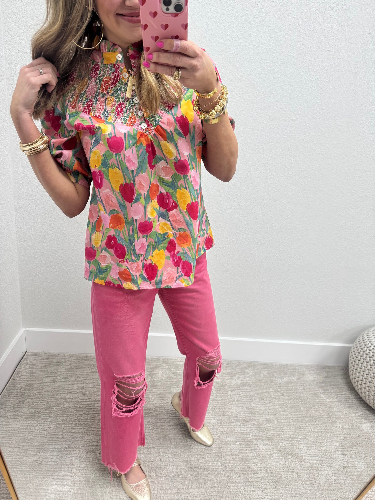 Tulip Print Smocked Top Short Sleeve FS