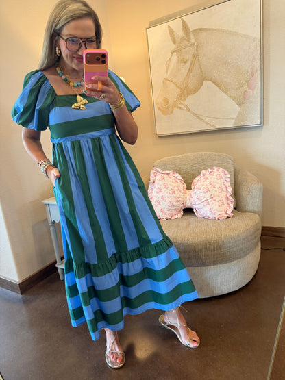 Green & Blue Stripe Square Neck Dress