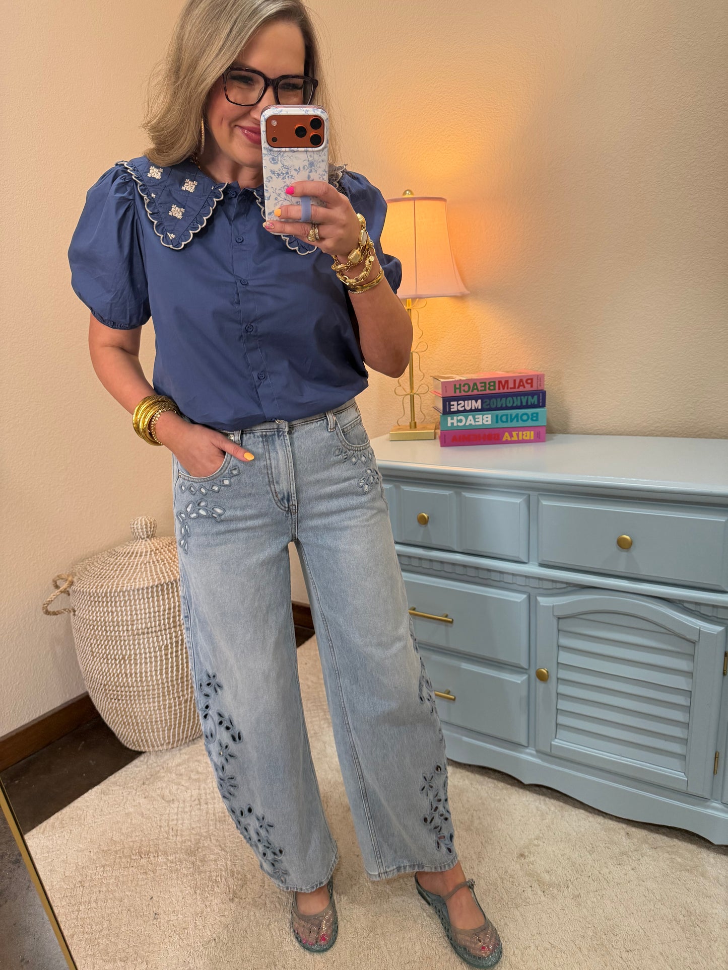 Navy Blue Puff Sleeve Embroidery Peter Pan Collar Poplin Blouse