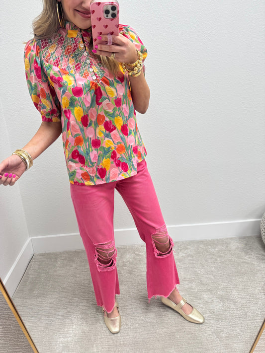 Tulip Print Smocked Top Short Sleeve
