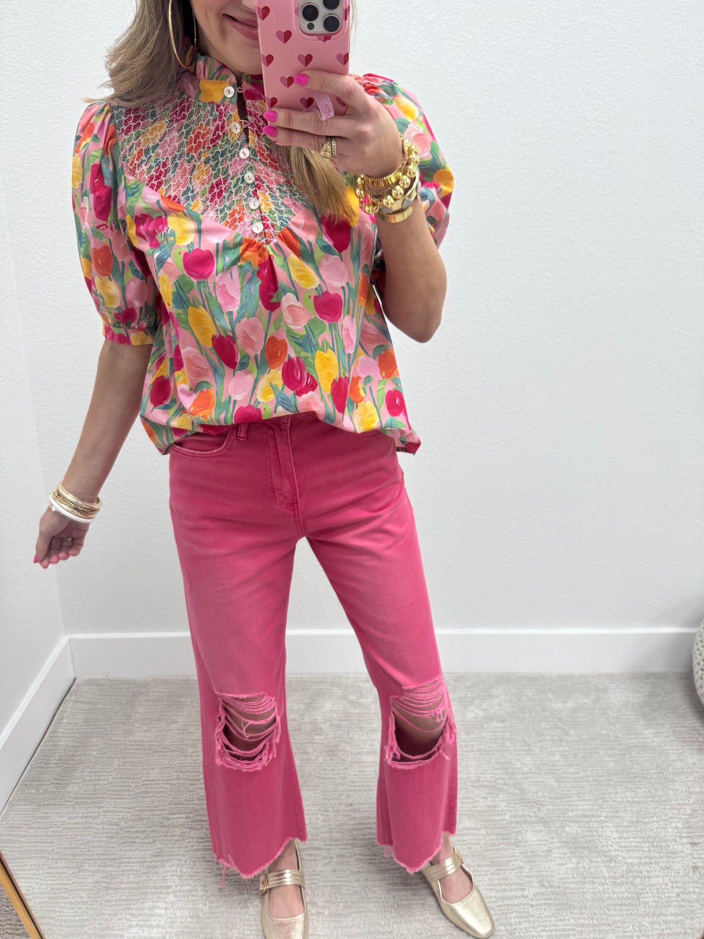 Tulip Print Smocked Top Short Sleeve FS