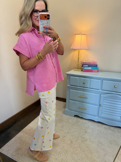 Candy Pink Woven Airflow Button Down Shirt