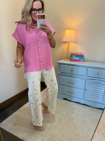 Candy Pink Woven Airflow Button Down Shirt
