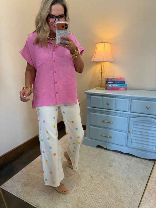 Ivory Comfort Stretch Pastel Polkadot Wide Leg Jean