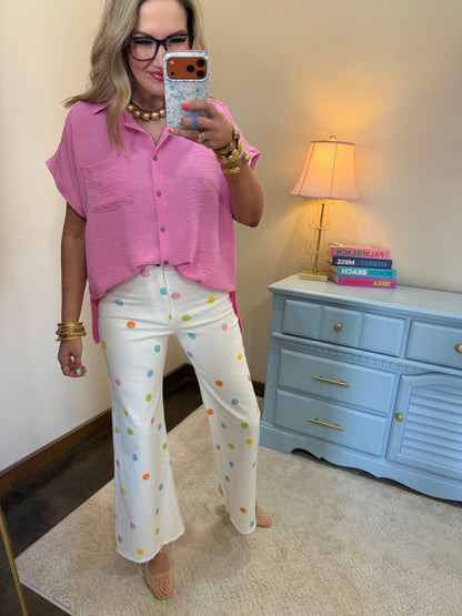 Candy Pink Woven Airflow Button Down Shirt