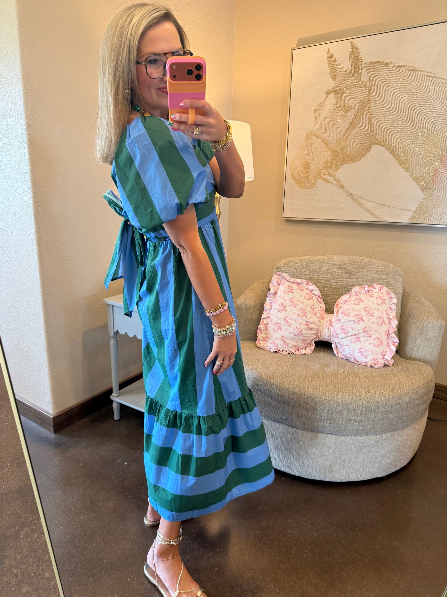 Green & Blue Stripe Square Neck Dress