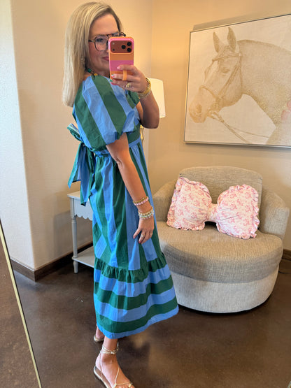 Green & Blue Stripe Square Neck Dress