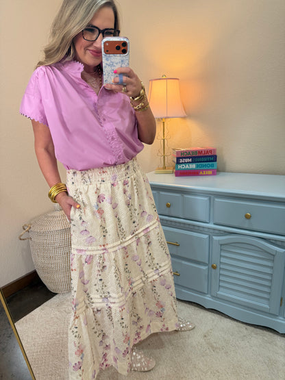 Mauve Scalloped Cap Sleeve Button Top