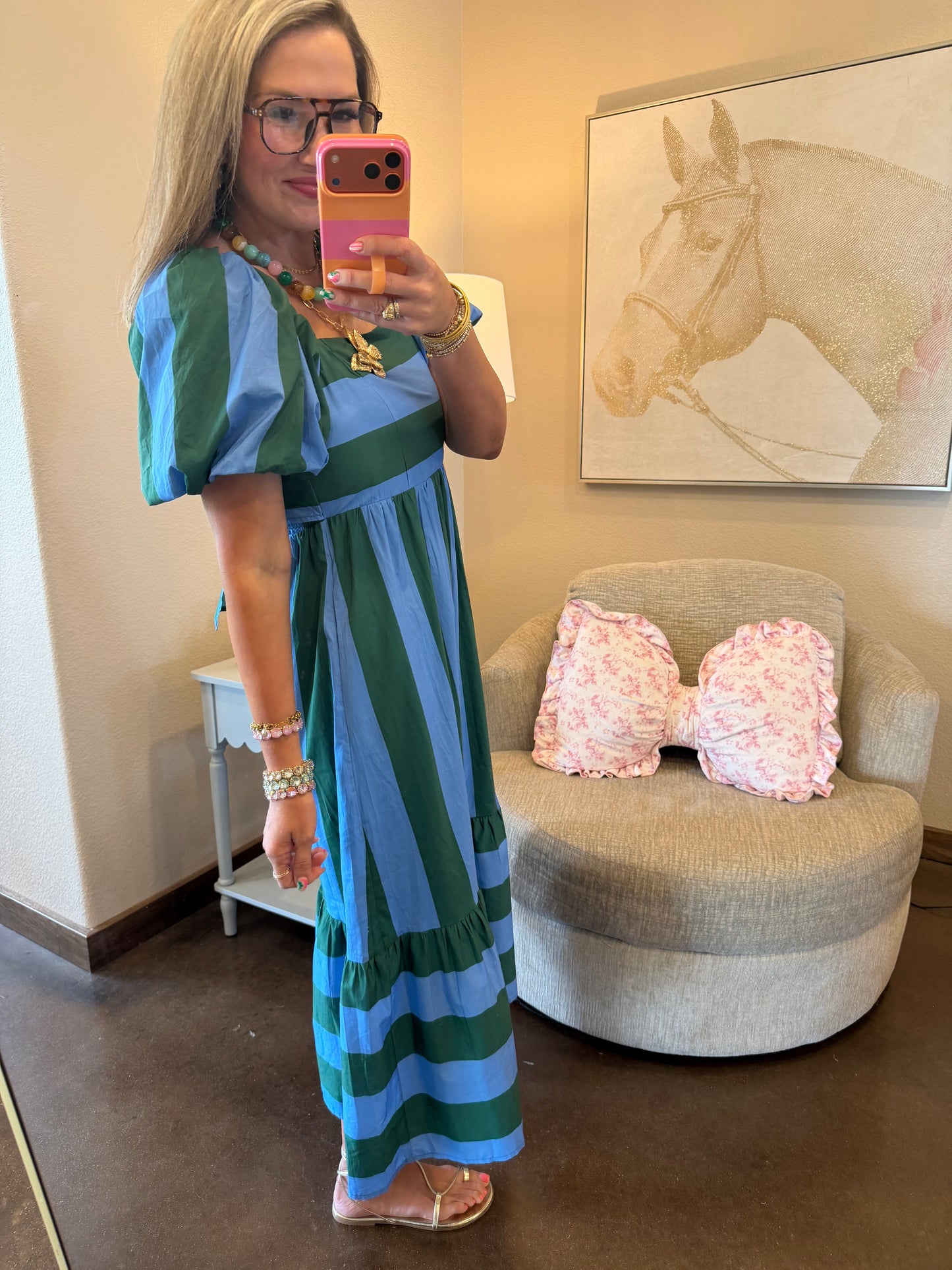 Green & Blue Stripe Square Neck Dress
