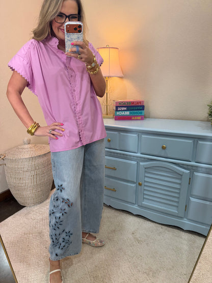 Mauve Scalloped Cap Sleeve Button Top