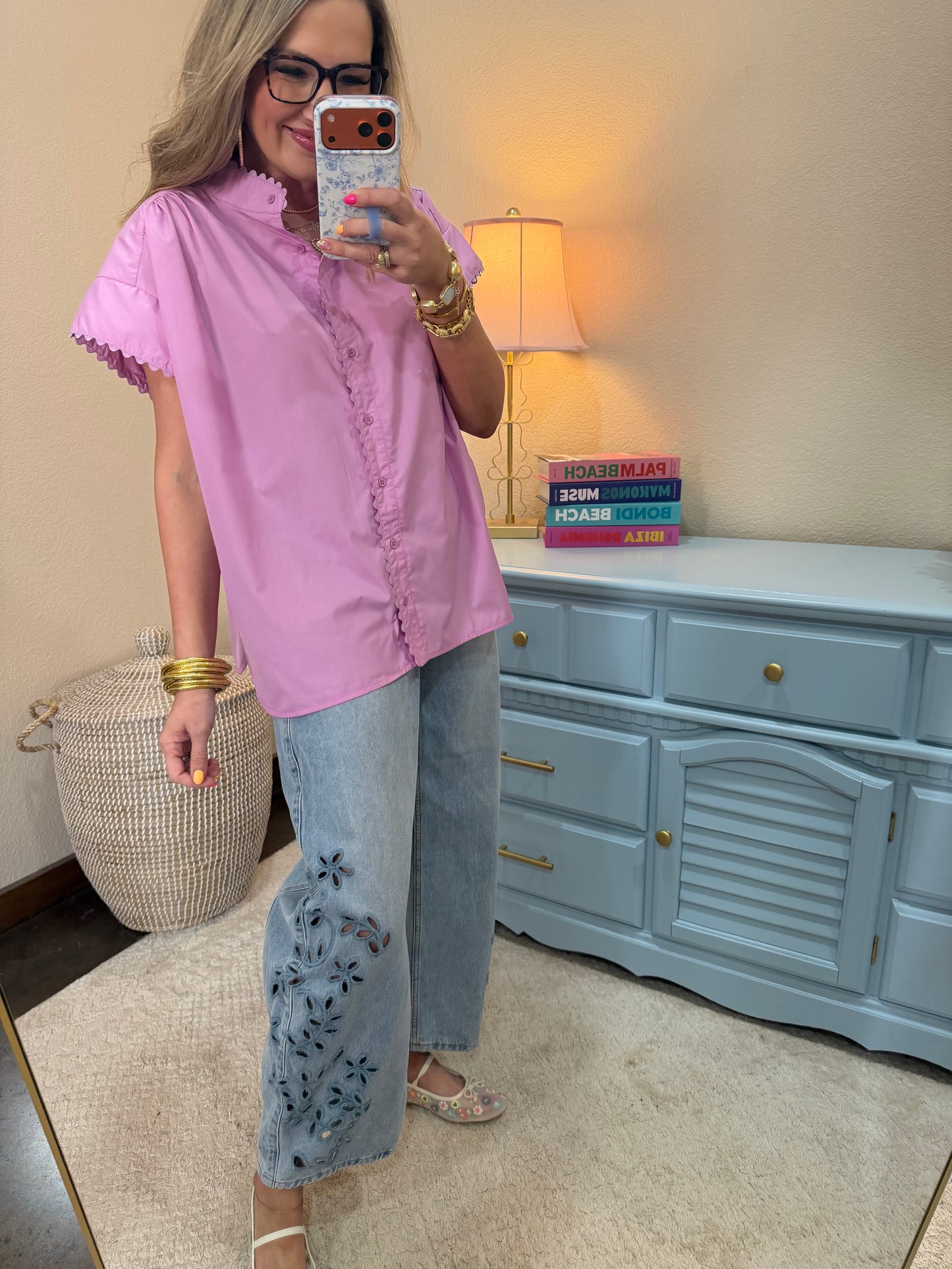 Mauve Scalloped Cap Sleeve Button Top