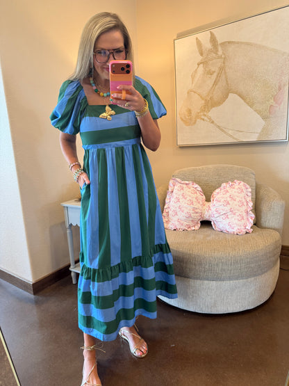 Green & Blue Stripe Square Neck Dress