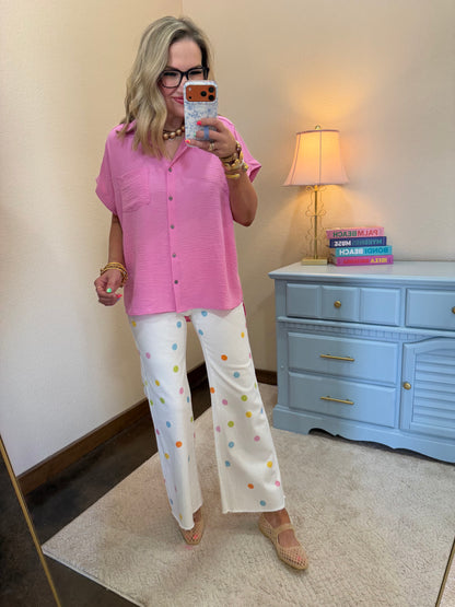 Candy Pink Woven Airflow Button Down Shirt