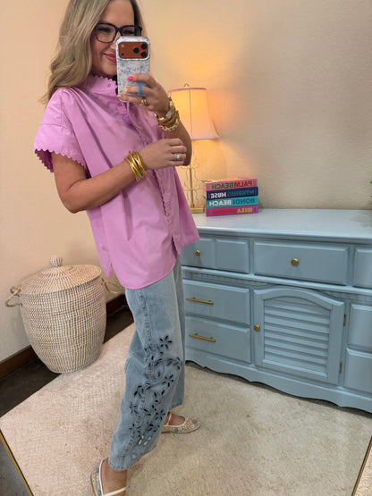 Mauve Scalloped Cap Sleeve Button Top