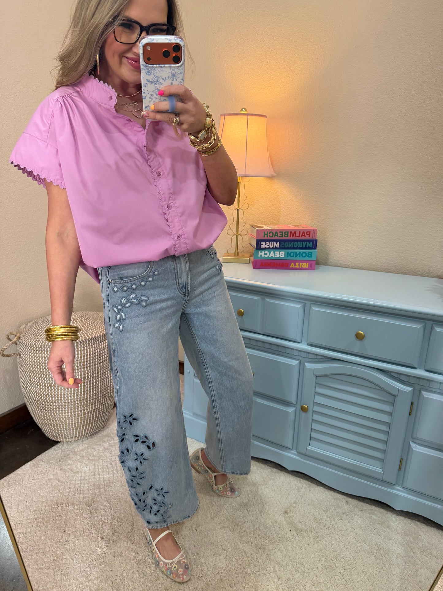 Mauve Scalloped Cap Sleeve Button Top