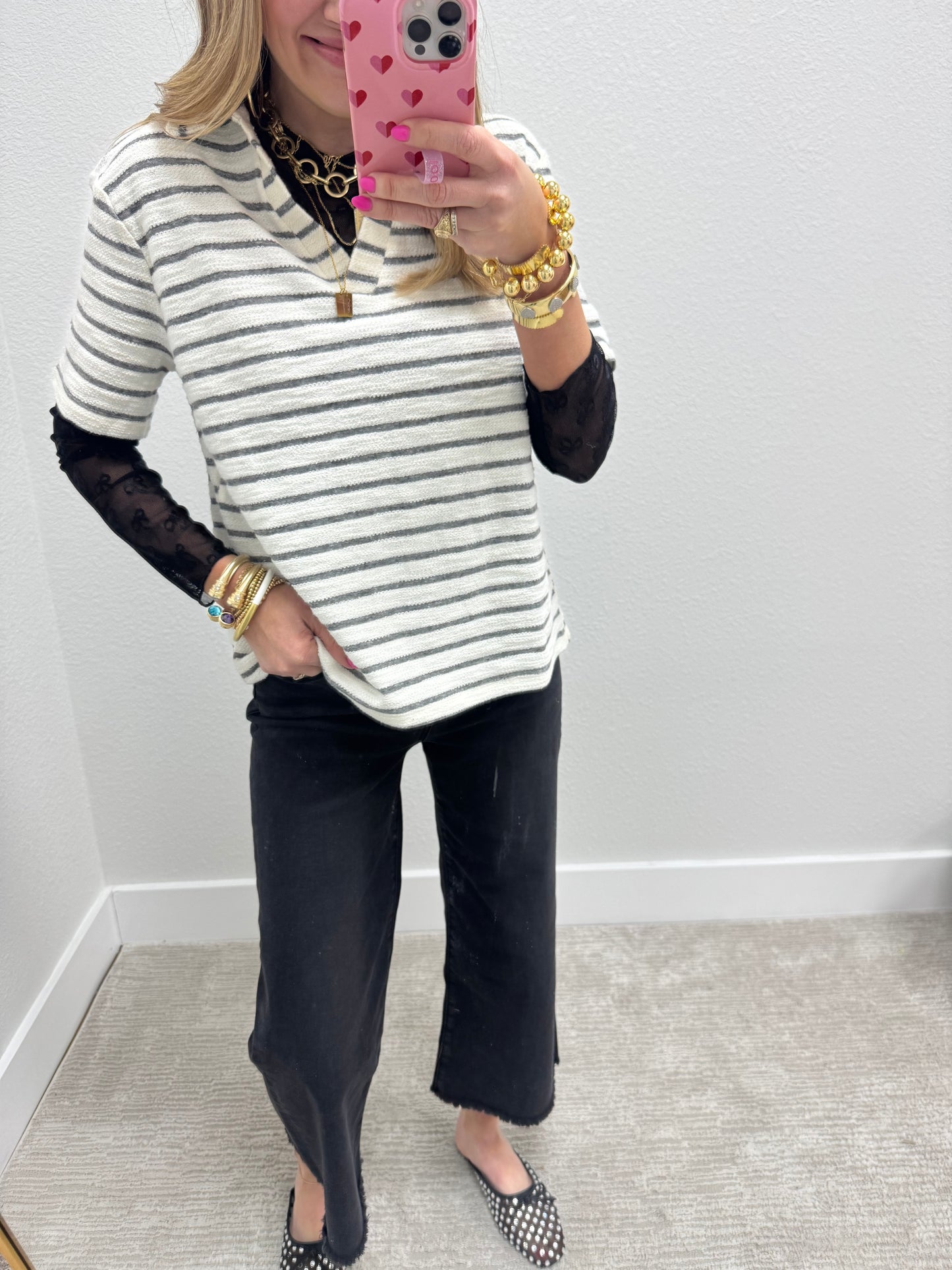 Black and Cream French Terry Style Striped Vneck Collared Top