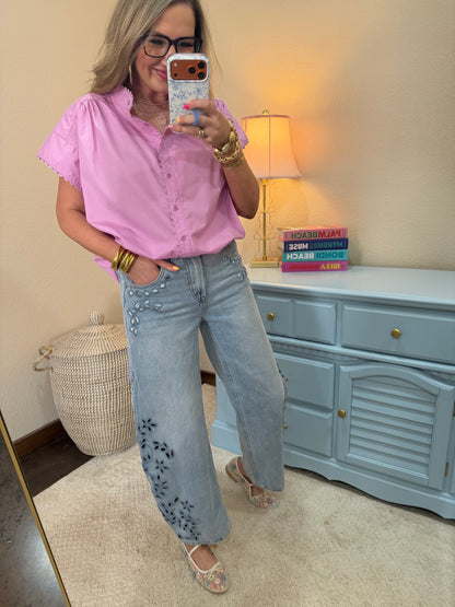 Mauve Scalloped Cap Sleeve Button Top