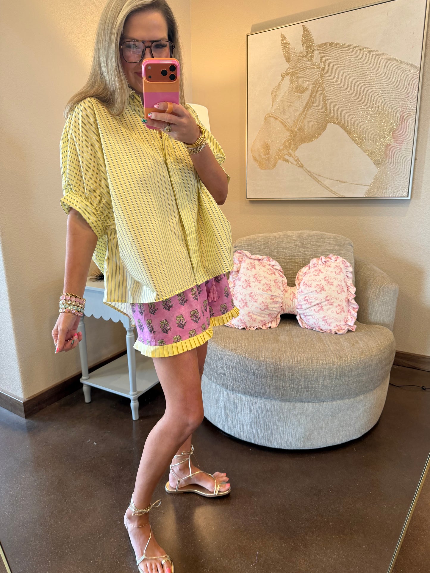 Yellow Collar Neck Short Kimono Sleeve Button Down Stripe Shirt