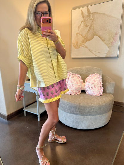 Yellow Collar Neck Short Kimono Sleeve Button Down Stripe Shirt