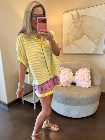 Yellow Collar Neck Short Kimono Sleeve Button Down Stripe Shirt