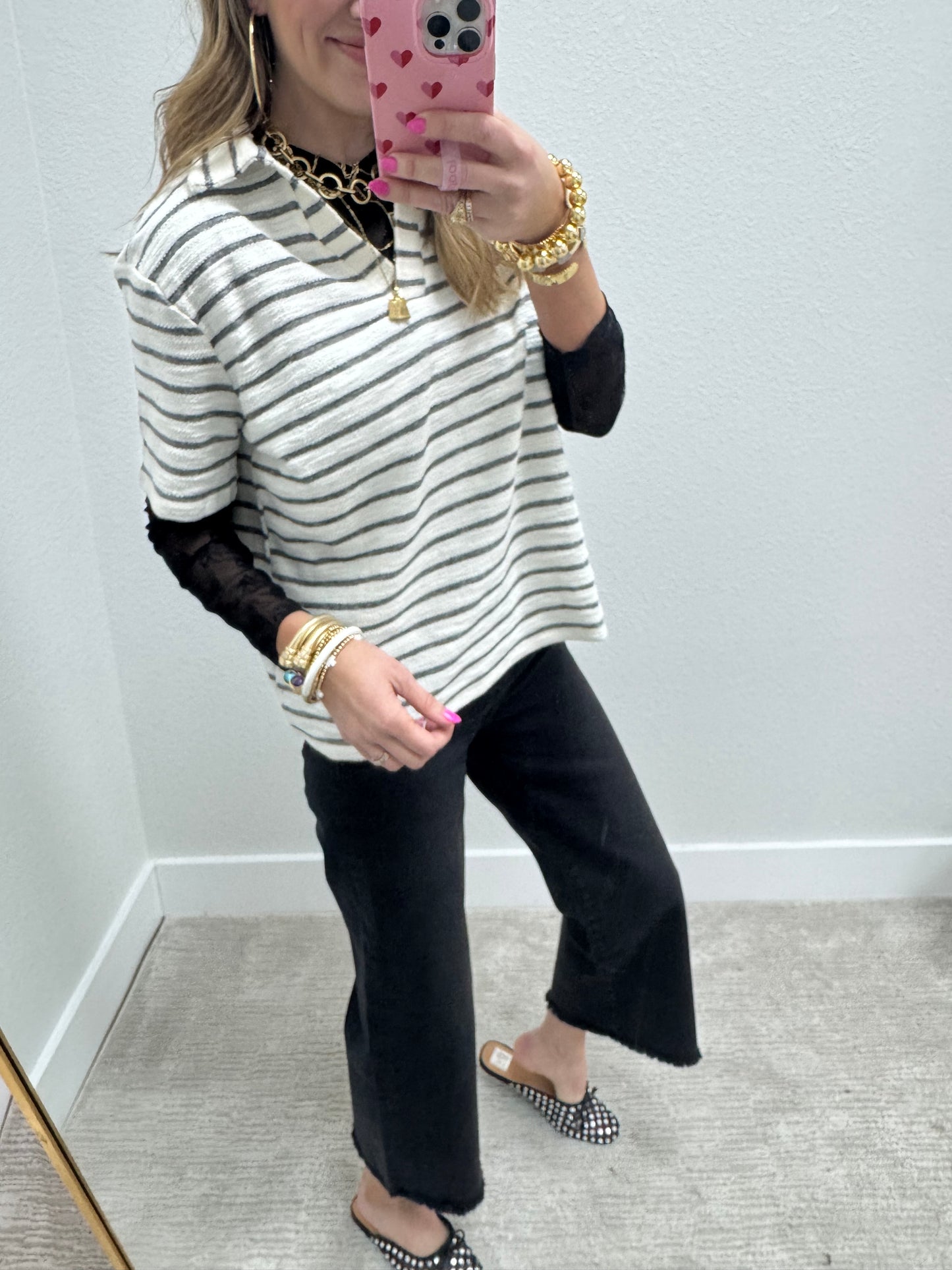 Black and Cream French Terry Style Striped Vneck Collared Top