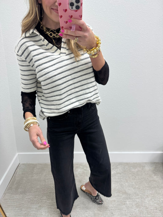 Black and Cream French Terry Style Striped Vneck Collared Top