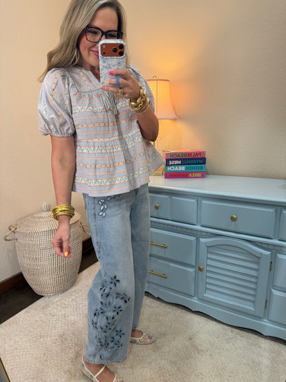 Light Blue Floral Embroidered Stripe Puff Sleeve Blouse