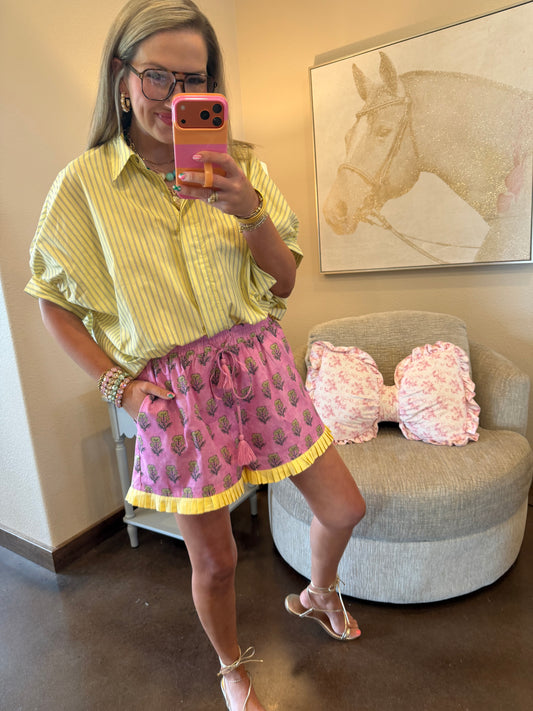 Yellow Collar Neck Short Kimono Sleeve Button Down Stripe Shirt