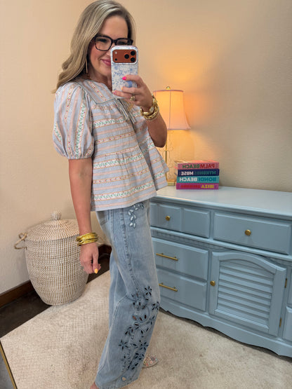 Light Blue Floral Embroidered Stripe Puff Sleeve Blouse