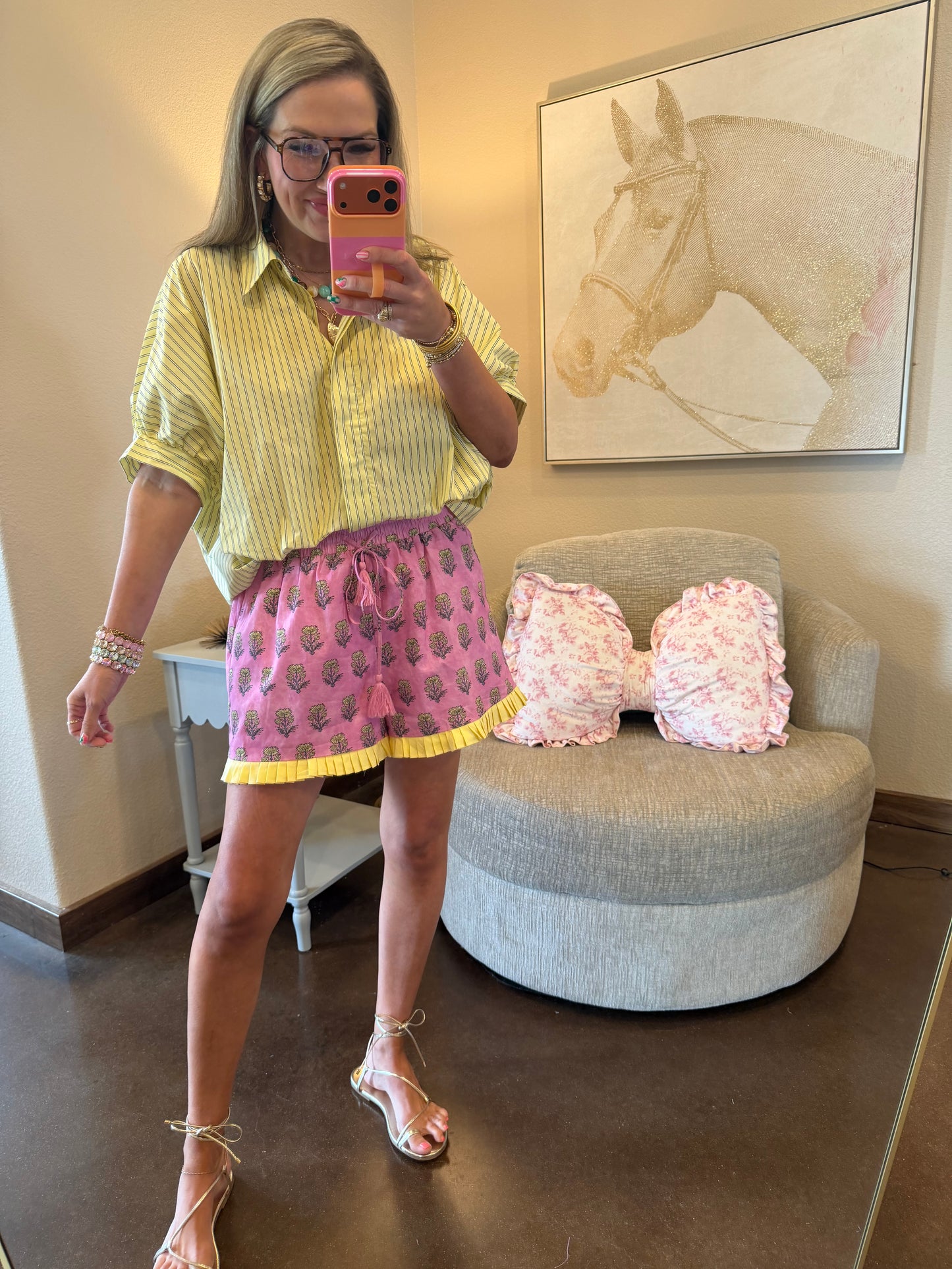 Yellow Collar Neck Short Kimono Sleeve Button Down Stripe Shirt