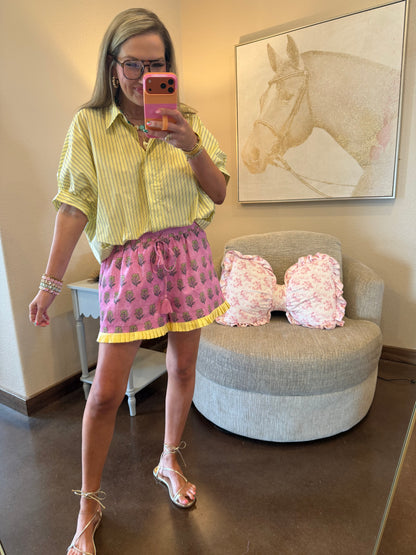 Yellow Collar Neck Short Kimono Sleeve Button Down Stripe Shirt