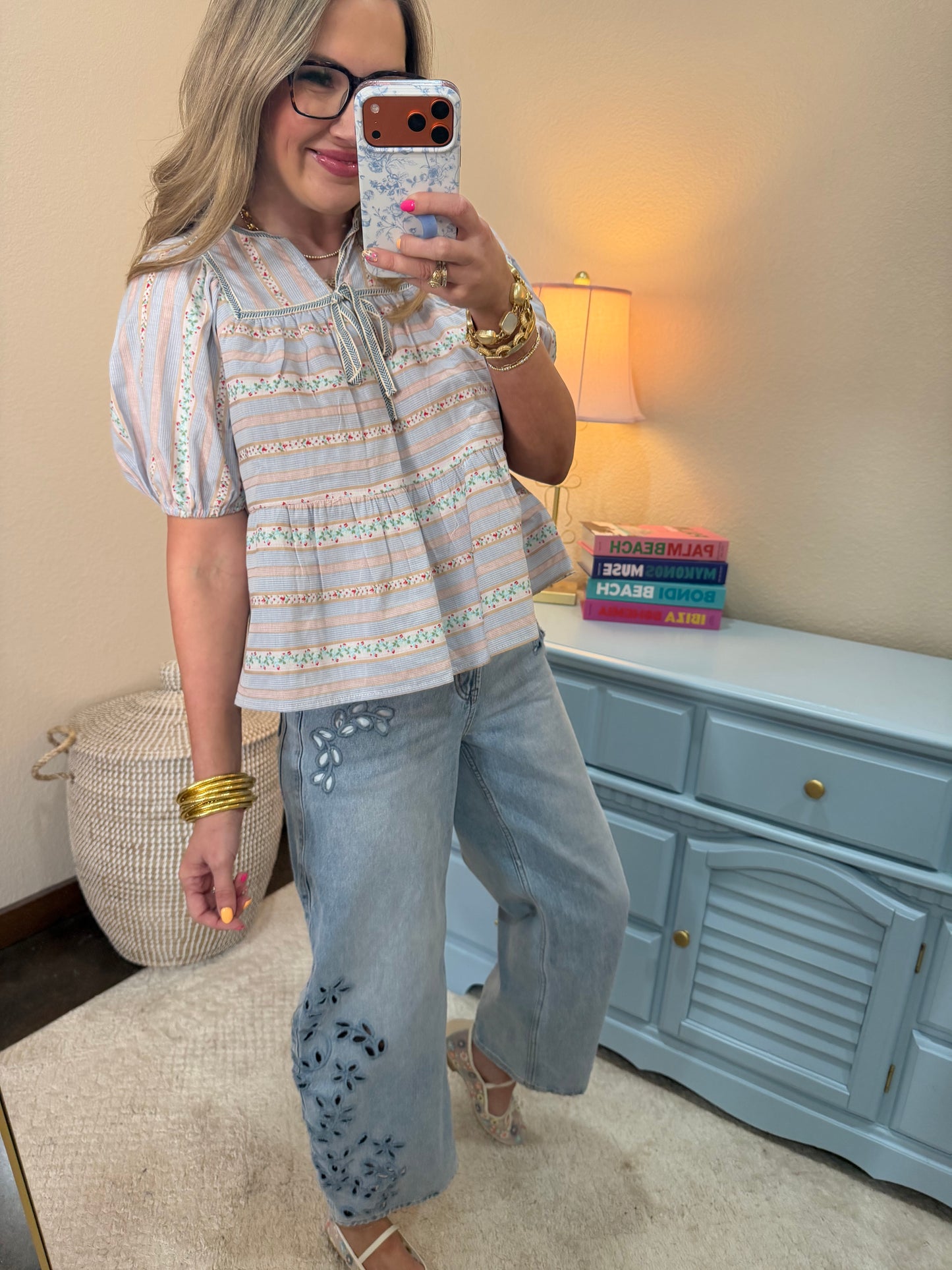 Light Blue Floral Embroidered Stripe Puff Sleeve Blouse