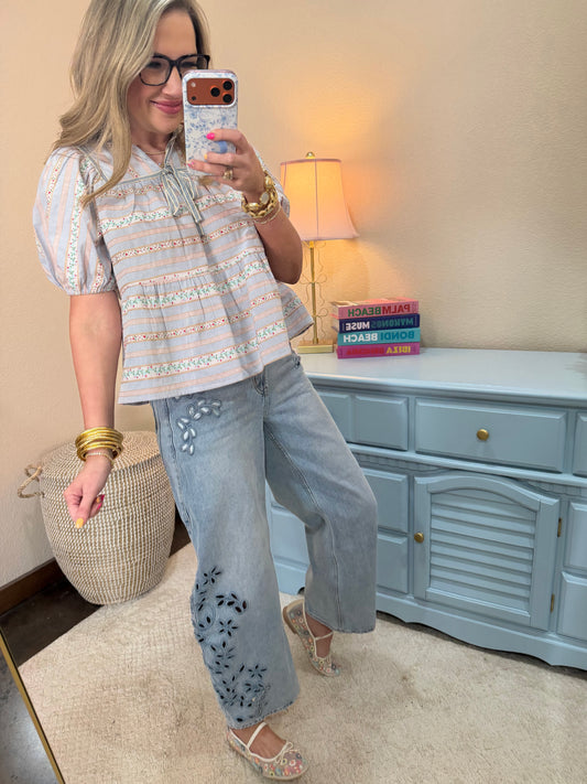 Light Blue Floral Embroidered Stripe Puff Sleeve Blouse
