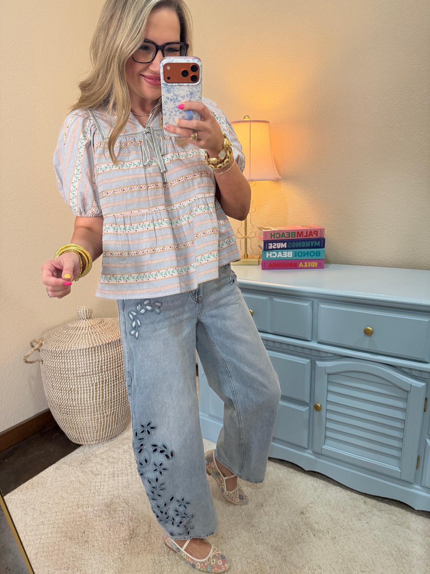 Light Blue Floral Embroidered Stripe Puff Sleeve Blouse