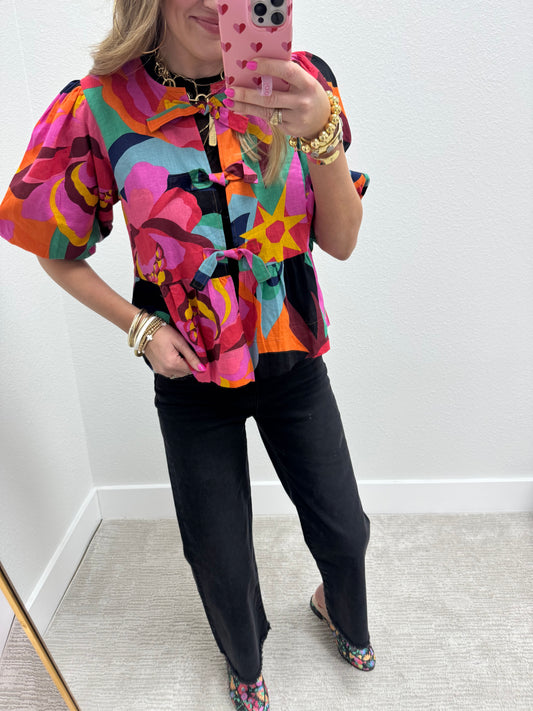 Black and Colorful Tie Front Top