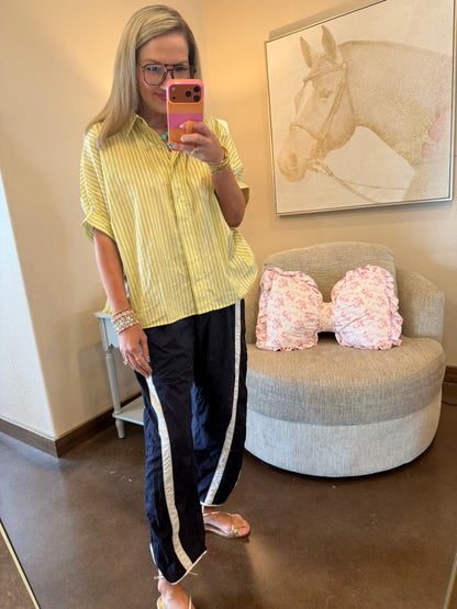 Yellow Collar Neck Short Kimono Sleeve Button Down Stripe Shirt