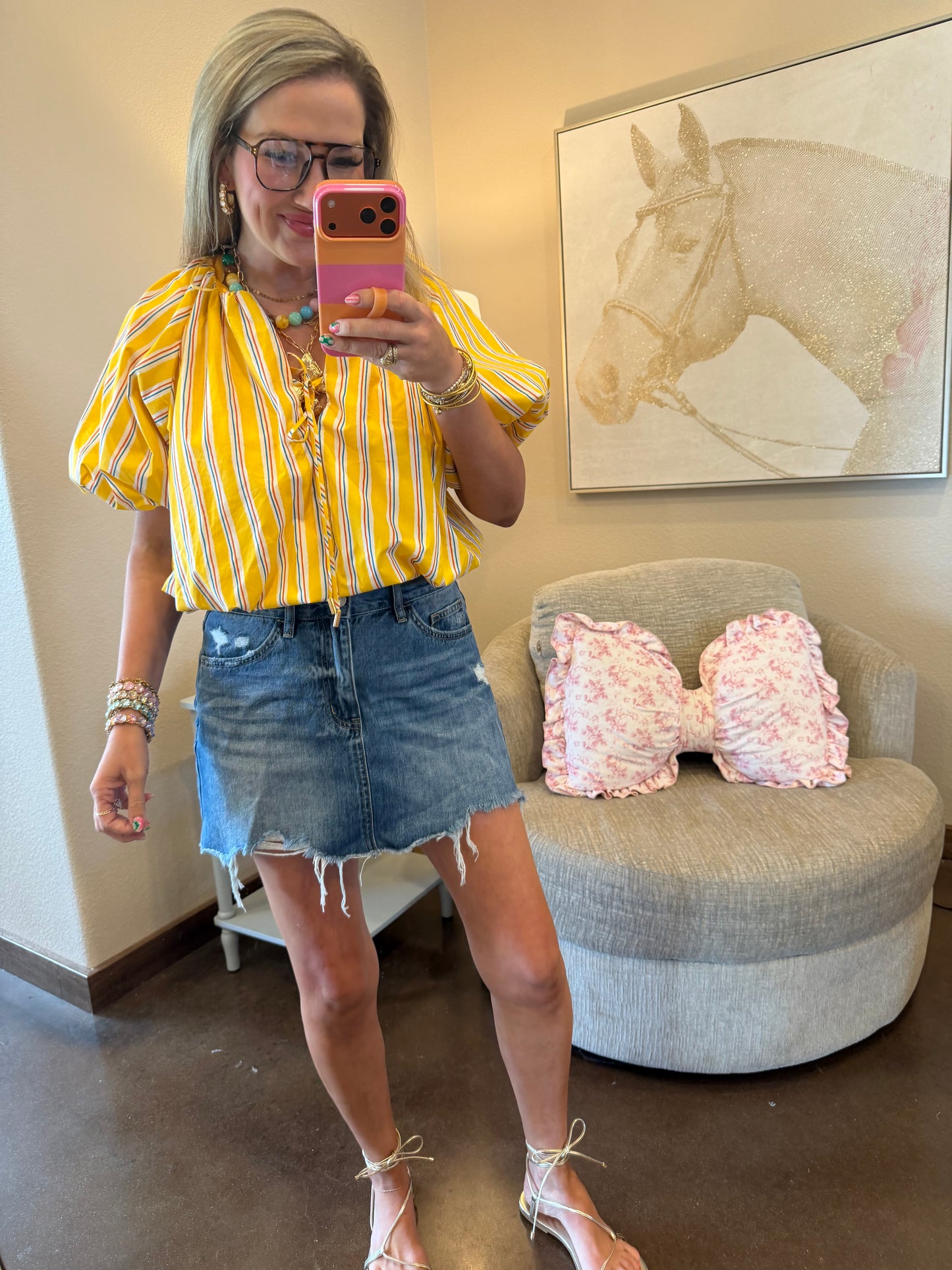 Yellow Bubble Front Tie Puff Sleeve Top