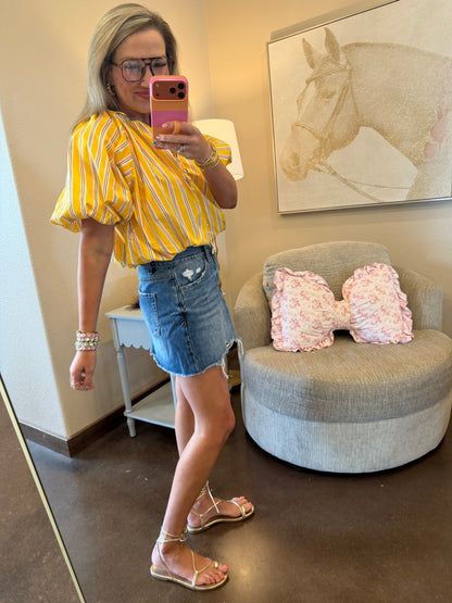 Yellow Bubble Front Tie Puff Sleeve Top