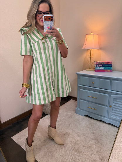 Green Stripe Short Sleeve Mini Dress