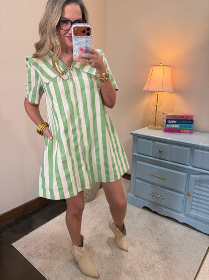 Green Stripe Short Sleeve Mini Dress